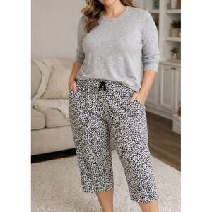 Leopard Print Lounge Pajama Capri Pants Stretch Sleepwear Elastic Women Size L